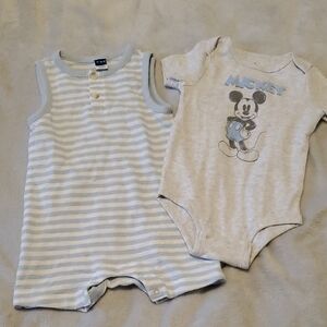 Disney Mickey Mouse Striped and Graphic Bodysuit Set - Light Blue and Gray